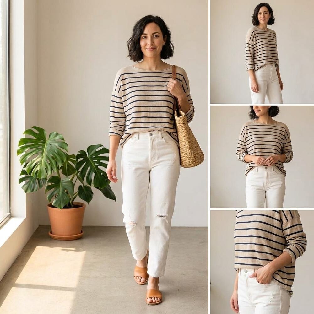 Eileen Fisher Sweater XL Beige Striped Organic Linen Lightweight Minimalist Chic